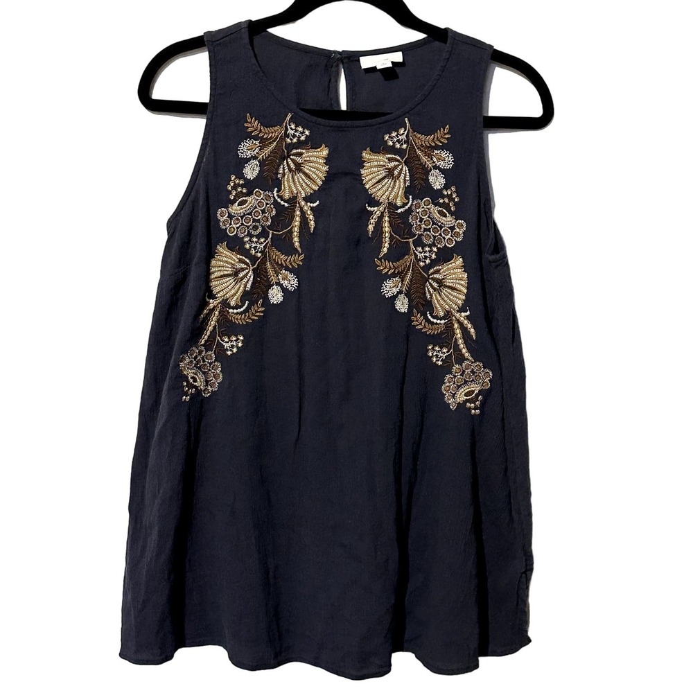 J. Jill Women's Sz Small Petite Embroidered Crinkled Sleeveless Tunic in Navy